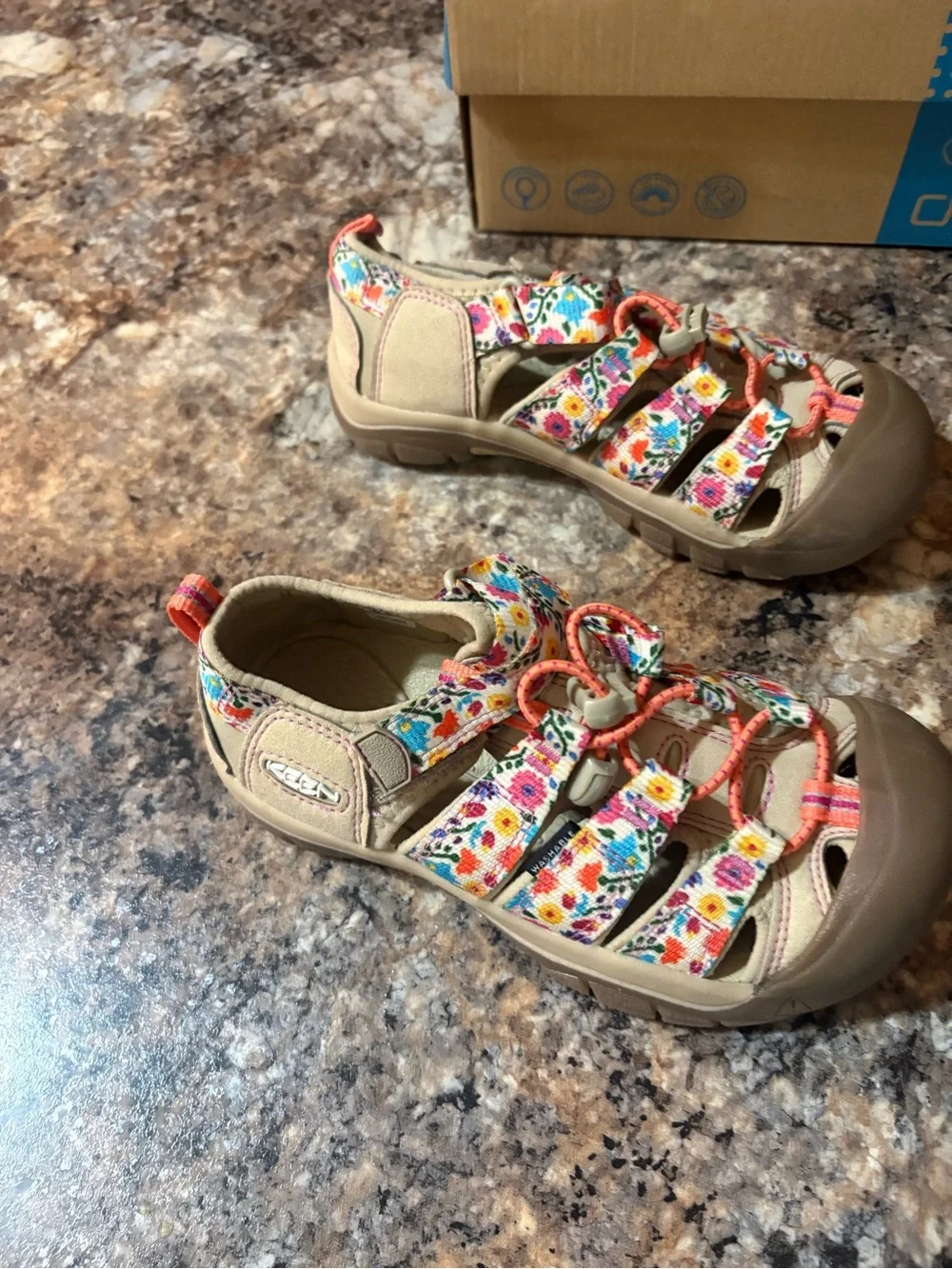 Keen Kids Tan Sandals with Multicolor Floral Straps